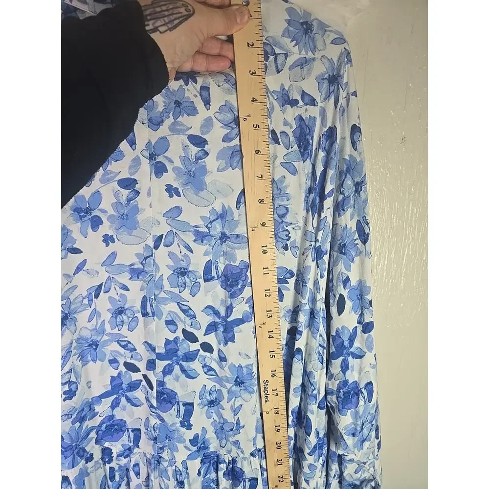 H&M Button Up Shirt Dress XL Blue Floral Oversized Lightweight Travel Summer - Picture 10 of 10